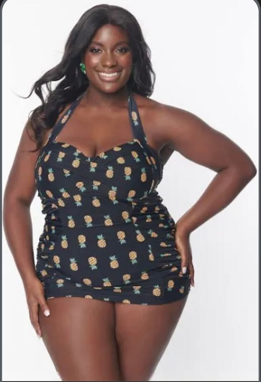 Unique Vintage Black Black Pineapples Halter One Piece Swim Dress Suit M NWT